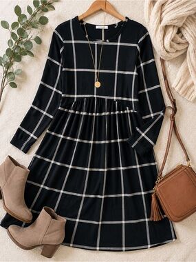 Black White Plaid Babydoll Midi Dress Long Sleeve Medium